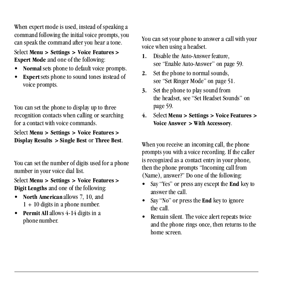Set expert mode, Set display results, Set digit lengths | Voice answer | Kyocera Neo E1100 User Manual | Page 58 / 89