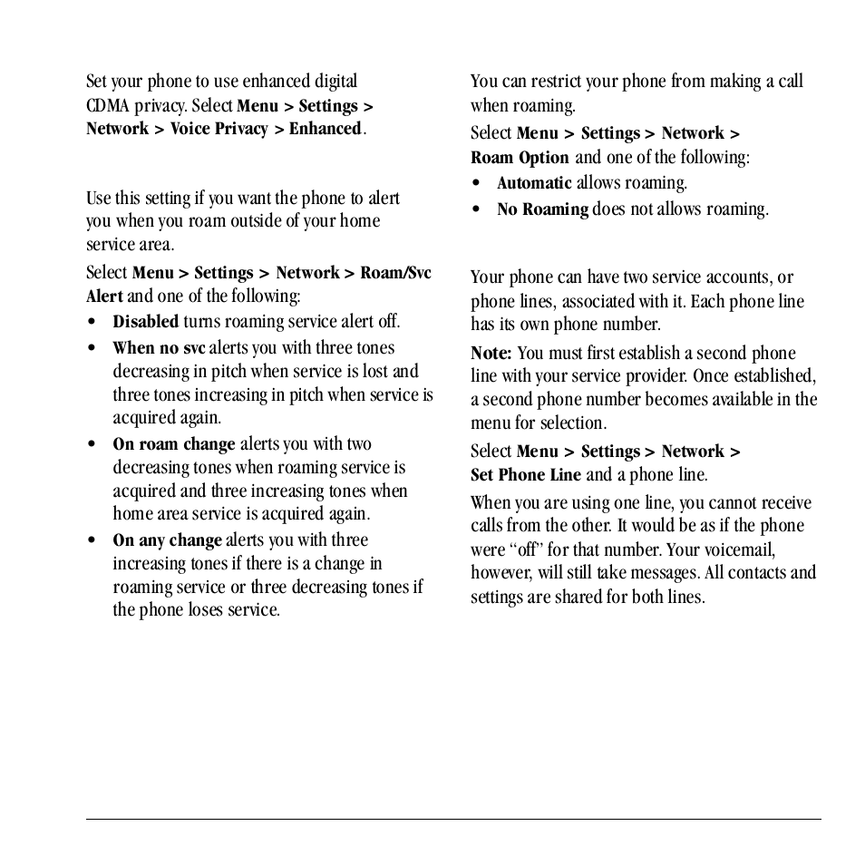 Enable voice privacy, Enable roaming service alert, Set roaming restrictions | Set phone line | Kyocera Neo E1100 User Manual | Page 61 / 89