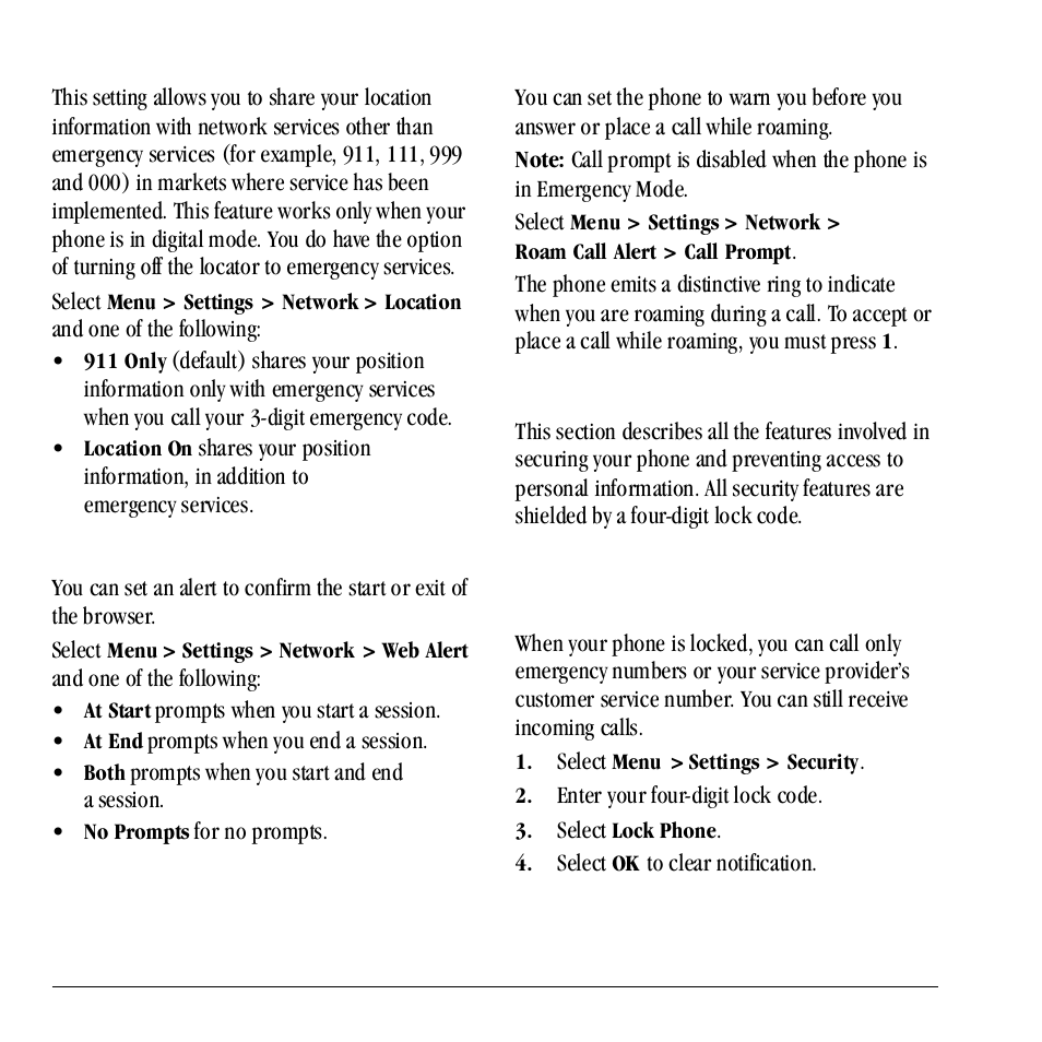 Security, Set location information, Set web alerts | Enable roaming call alert, Lock phone | Kyocera Neo E1100 User Manual | Page 62 / 89