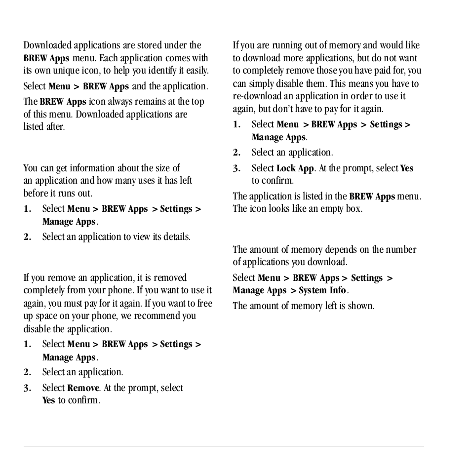 Open an application, View application details, Remove an application | Disable an application, Check available memory | Kyocera Neo E1100 User Manual | Page 72 / 89