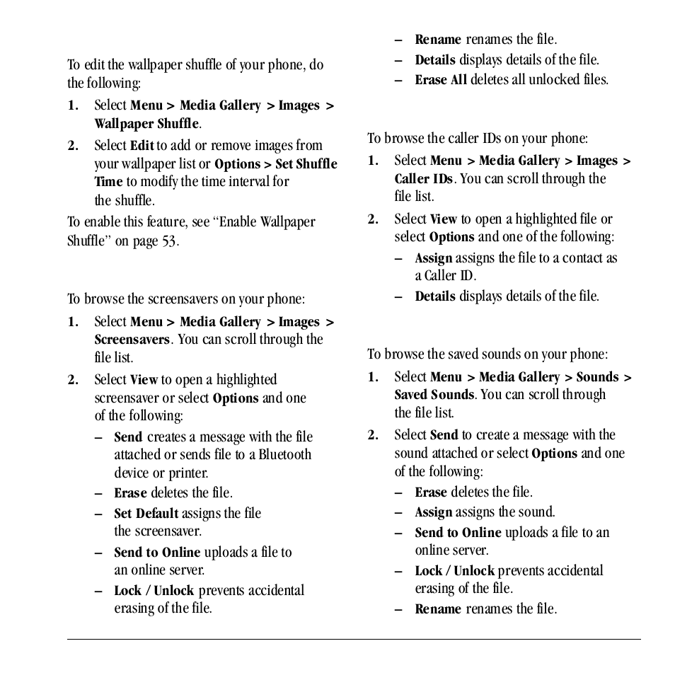 Edit wallpaper shuffle, Browse screensavers, Browse caller ids | Browse saved sounds | Kyocera Neo E1100 User Manual | Page 75 / 89
