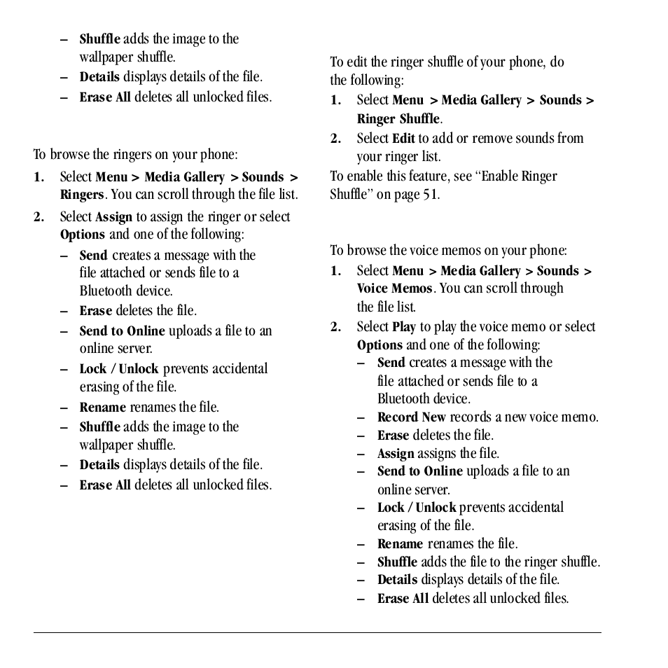 Browse ringers, Edit ringer shuffle, Browse voice memos | Kyocera Neo E1100 User Manual | Page 76 / 89
