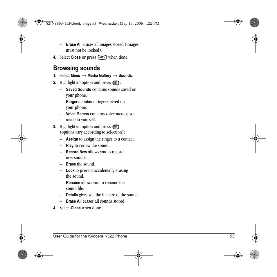 Browsing sounds | Kyocera K322 User Manual | Page 59 / 72