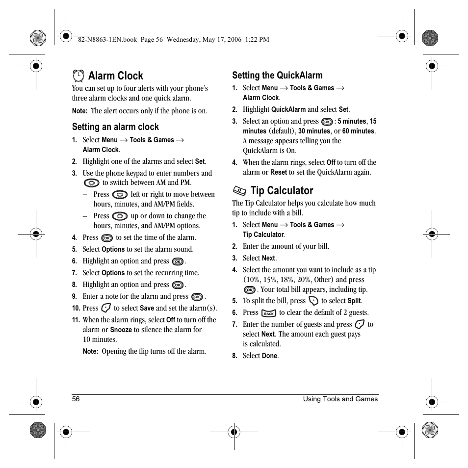 Alarm clock, Tip calculator, Setting an alarm clock | Setting the quickalarm | Kyocera K322 User Manual | Page 62 / 72