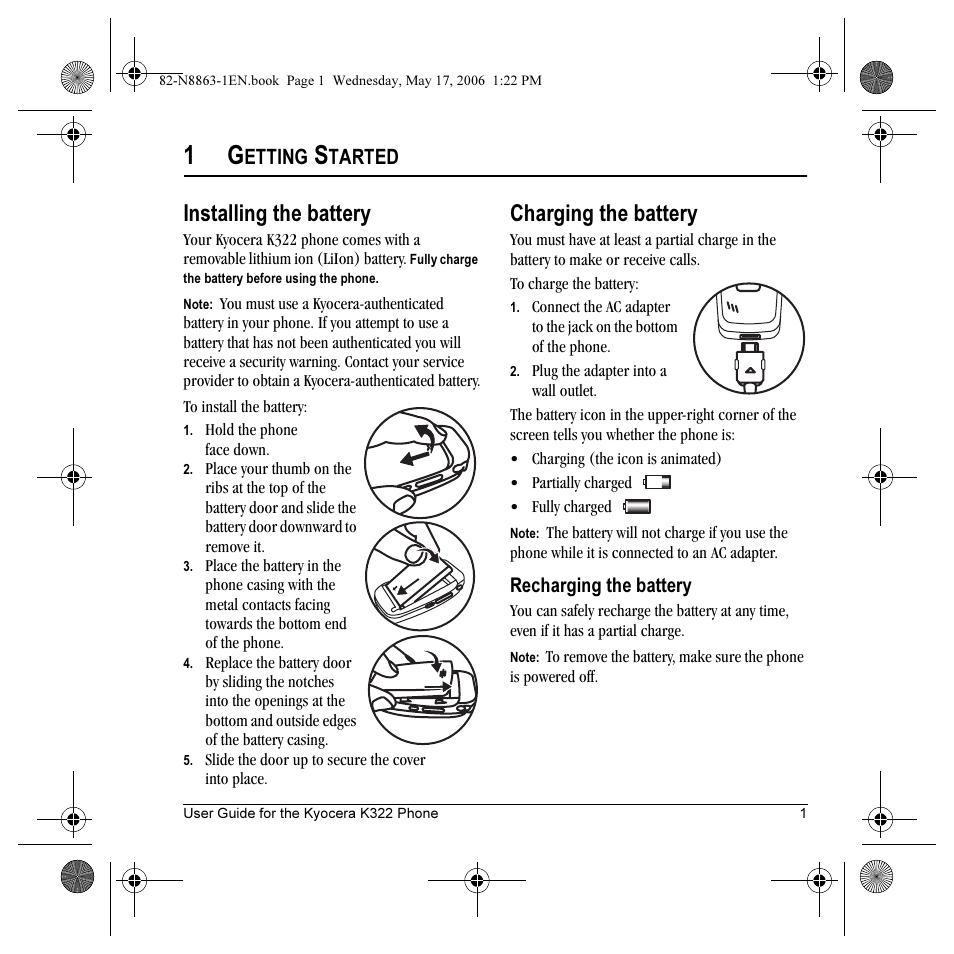 Installing the battery, Charging the battery, Etting | Tarted | Kyocera K322 User Manual | Page 7 / 72