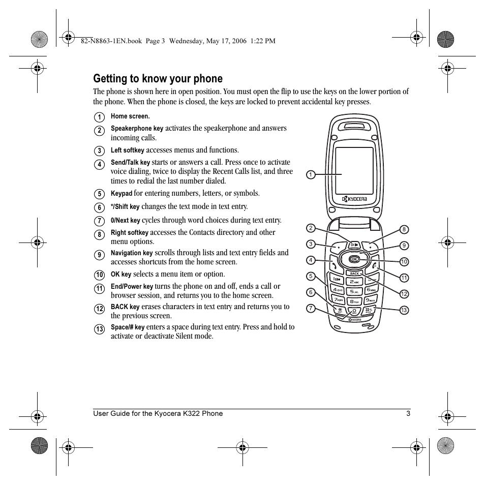 Getting to know your phone | Kyocera K322 User Manual | Page 9 / 72