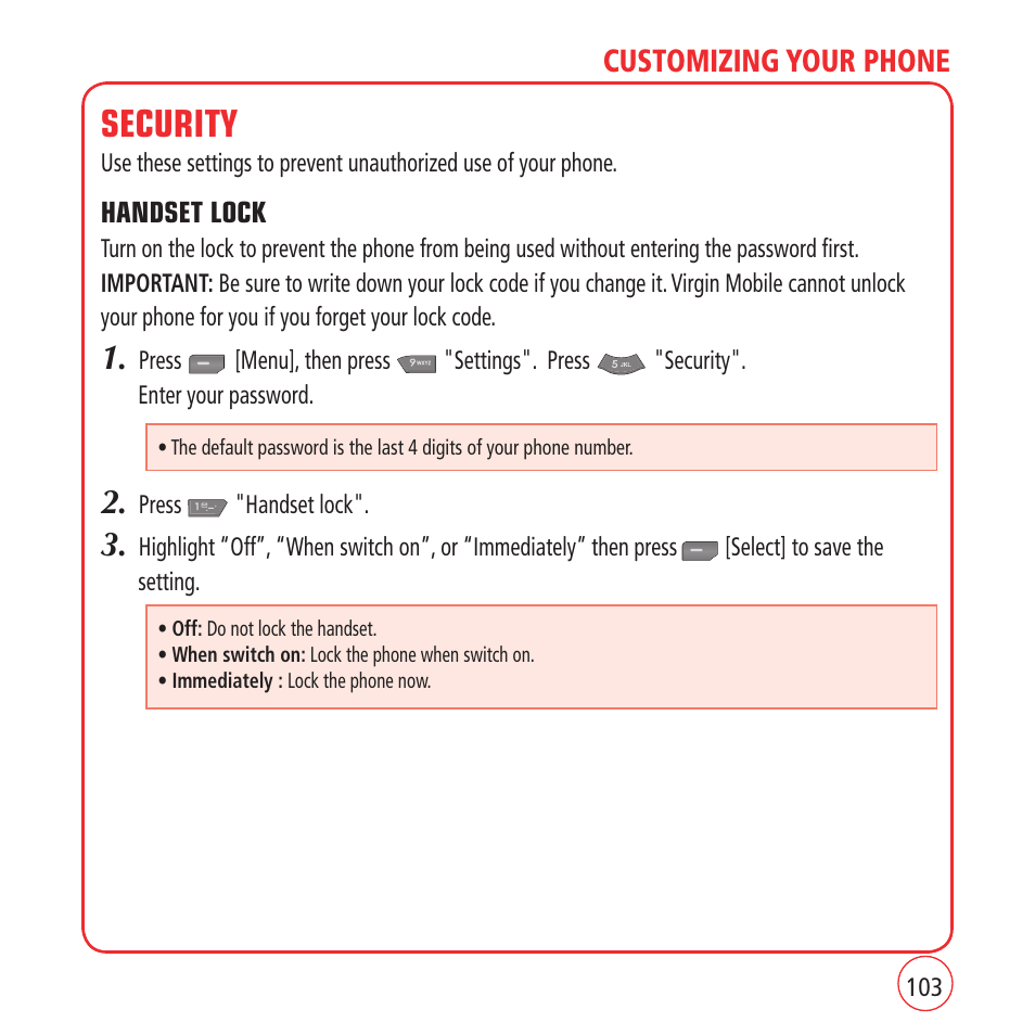 Security, Customizing your phone | Kyocera VM1450 User Manual | Page 103 / 148