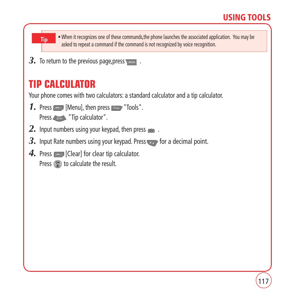 Tip calculator, Using tools | Kyocera VM1450 User Manual | Page 117 / 148