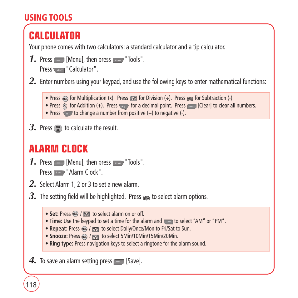 Calculator, Alarm clock | Kyocera VM1450 User Manual | Page 118 / 148