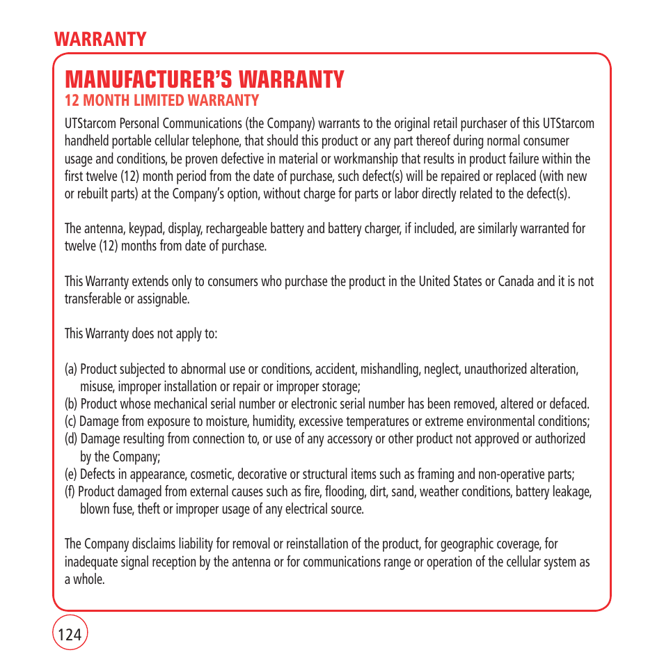 Manufacturer’s warranty, Warranty | Kyocera VM1450 User Manual | Page 124 / 148