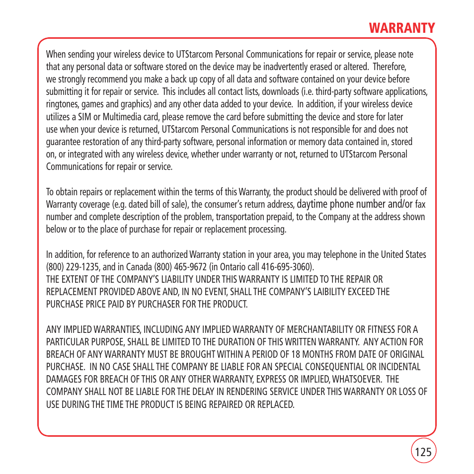 Warranty | Kyocera VM1450 User Manual | Page 125 / 148