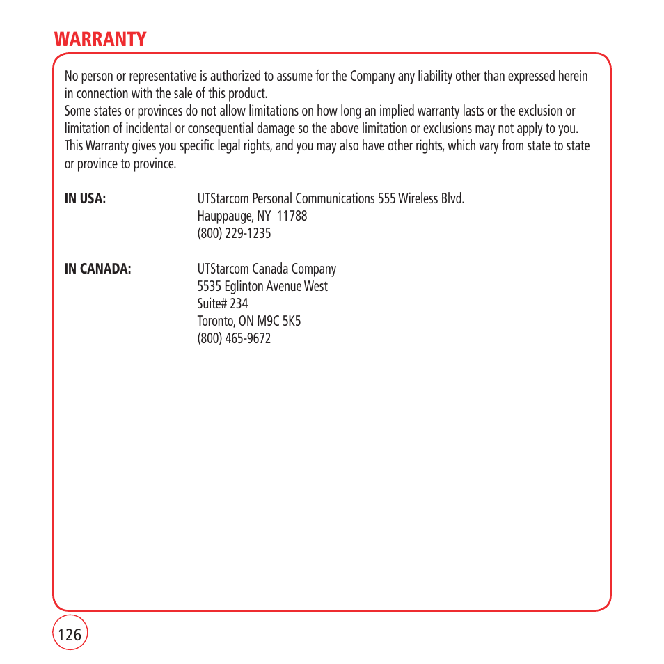 Warranty | Kyocera VM1450 User Manual | Page 126 / 148