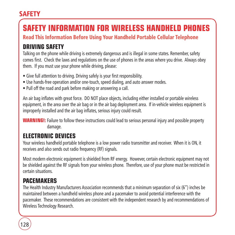 Safety information for wireless handheld phones, Safety | Kyocera VM1450 User Manual | Page 128 / 148