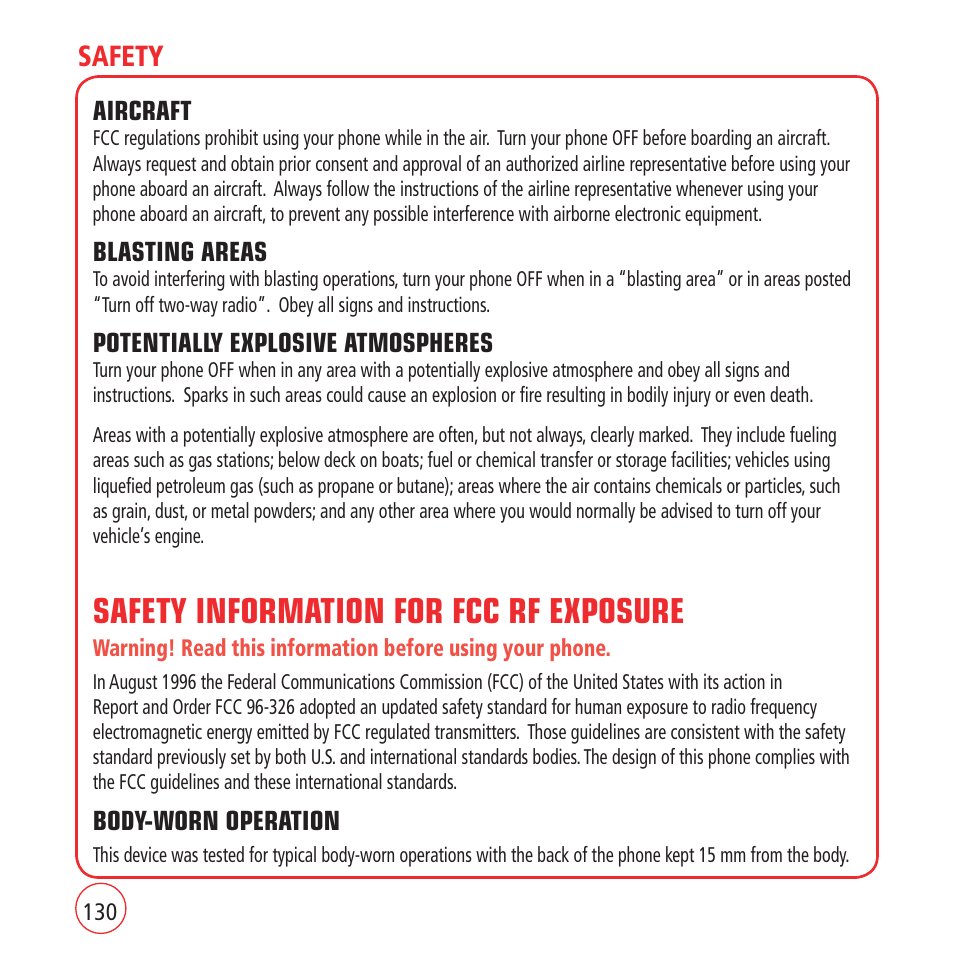 Safety information for fcc rf exposure, Safety | Kyocera VM1450 User Manual | Page 130 / 148