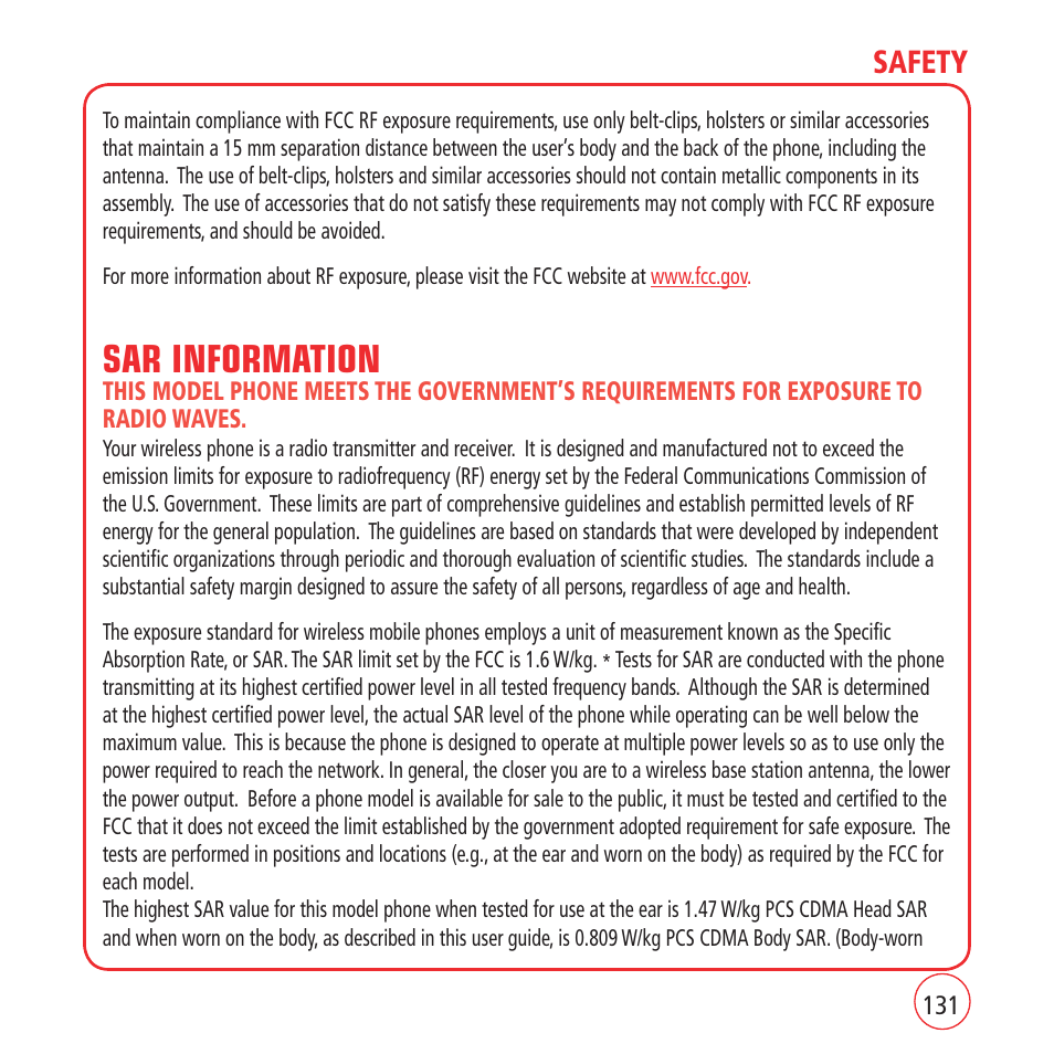 Sar information, Safety | Kyocera VM1450 User Manual | Page 131 / 148