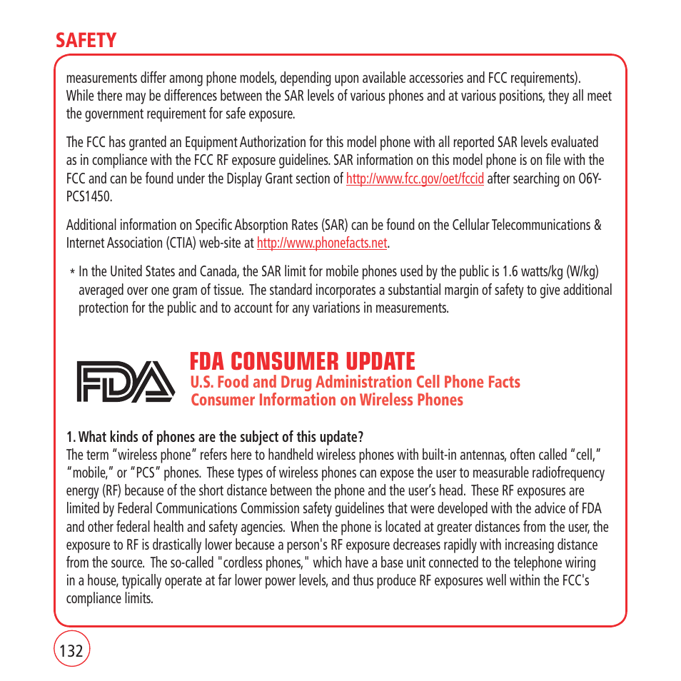 Fda consumer update, Safety | Kyocera VM1450 User Manual | Page 132 / 148