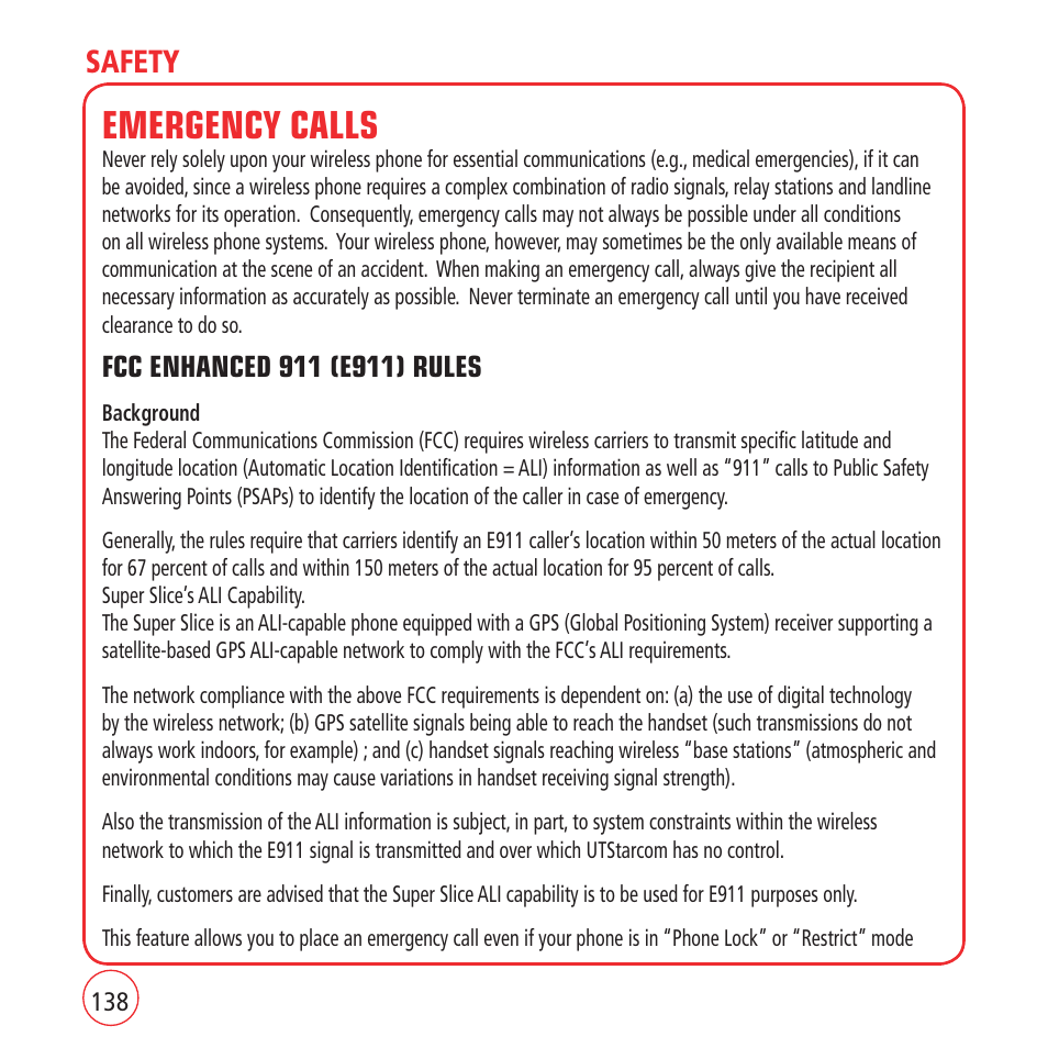 Emergency calls, Safety | Kyocera VM1450 User Manual | Page 138 / 148