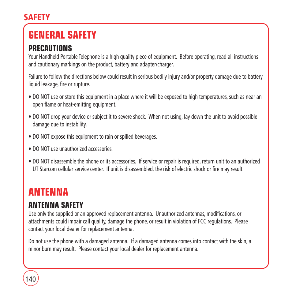 General safety, Antenna, Safety | Kyocera VM1450 User Manual | Page 140 / 148
