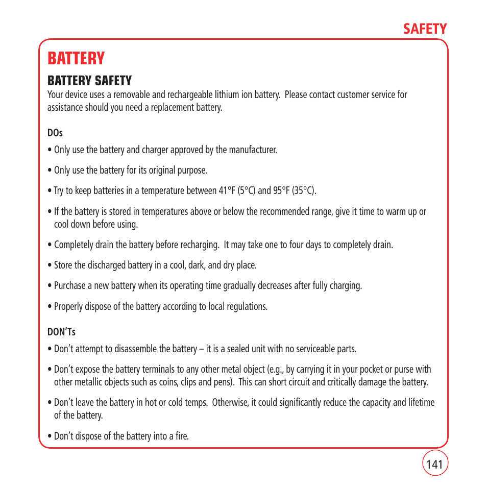 Battery, Safety, Battery safety | Kyocera VM1450 User Manual | Page 141 / 148