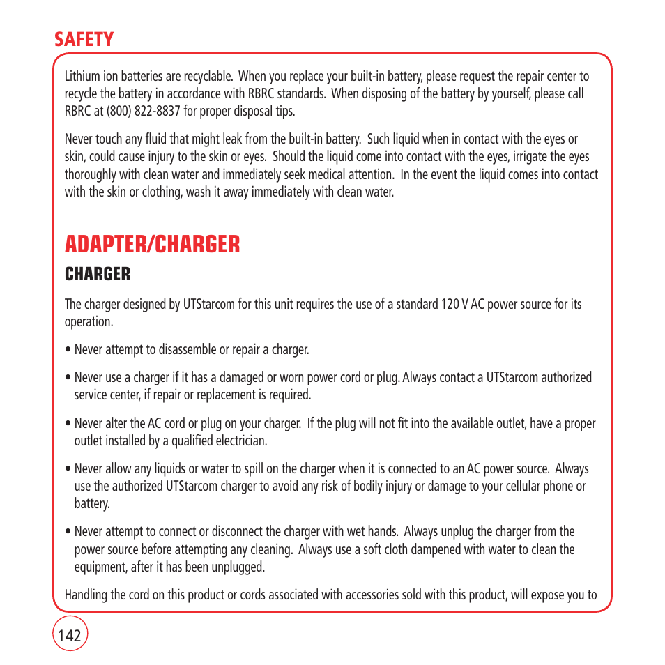 Adapter/charger, Safety | Kyocera VM1450 User Manual | Page 142 / 148