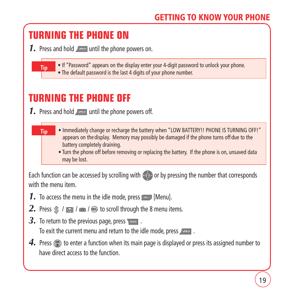 Turning the phone on, Turning the phone off, Getting to know your phone | Kyocera VM1450 User Manual | Page 19 / 148