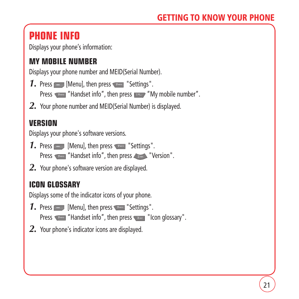 Phone info | Kyocera VM1450 User Manual | Page 21 / 148