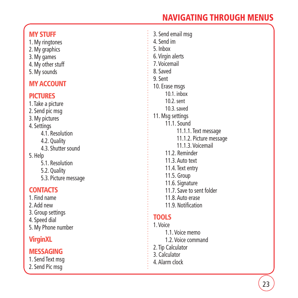 Navigating through menus | Kyocera VM1450 User Manual | Page 23 / 148