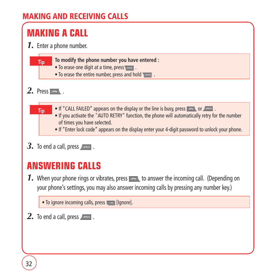 Making a call, Answering calls, Making and receiving calls | Kyocera VM1450 User Manual | Page 32 / 148