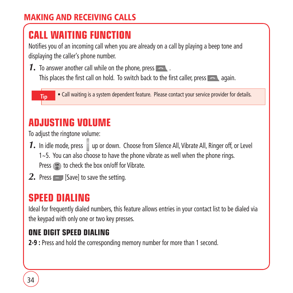 Call waiting function, Adjusting volume, Speed dialing | Kyocera VM1450 User Manual | Page 34 / 148