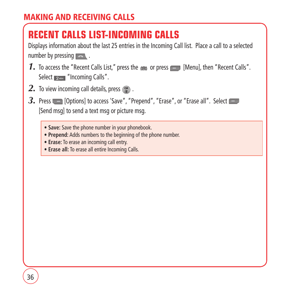 Recent calls list-incoming calls | Kyocera VM1450 User Manual | Page 36 / 148