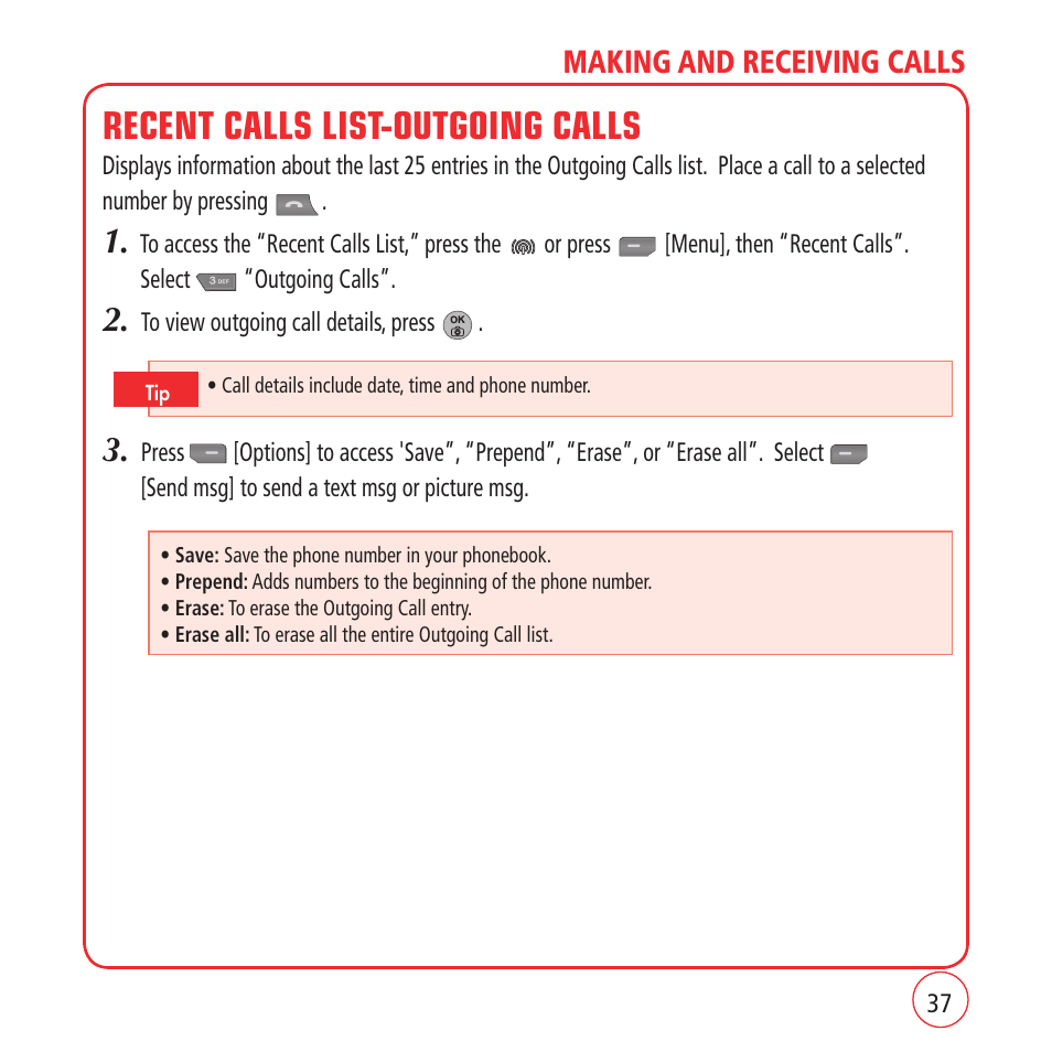 Recent calls list-outgoing calls, Making and receiving calls | Kyocera VM1450 User Manual | Page 37 / 148