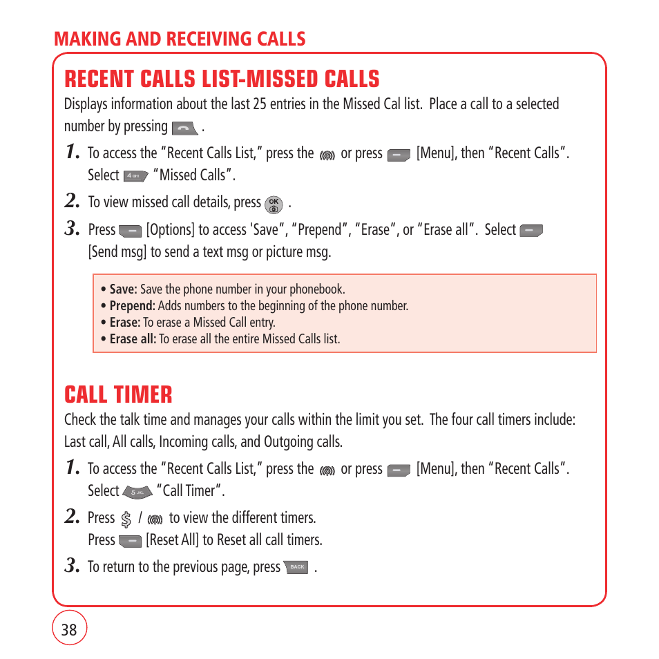 Recent calls list-missed calls, Call timer | Kyocera VM1450 User Manual | Page 38 / 148