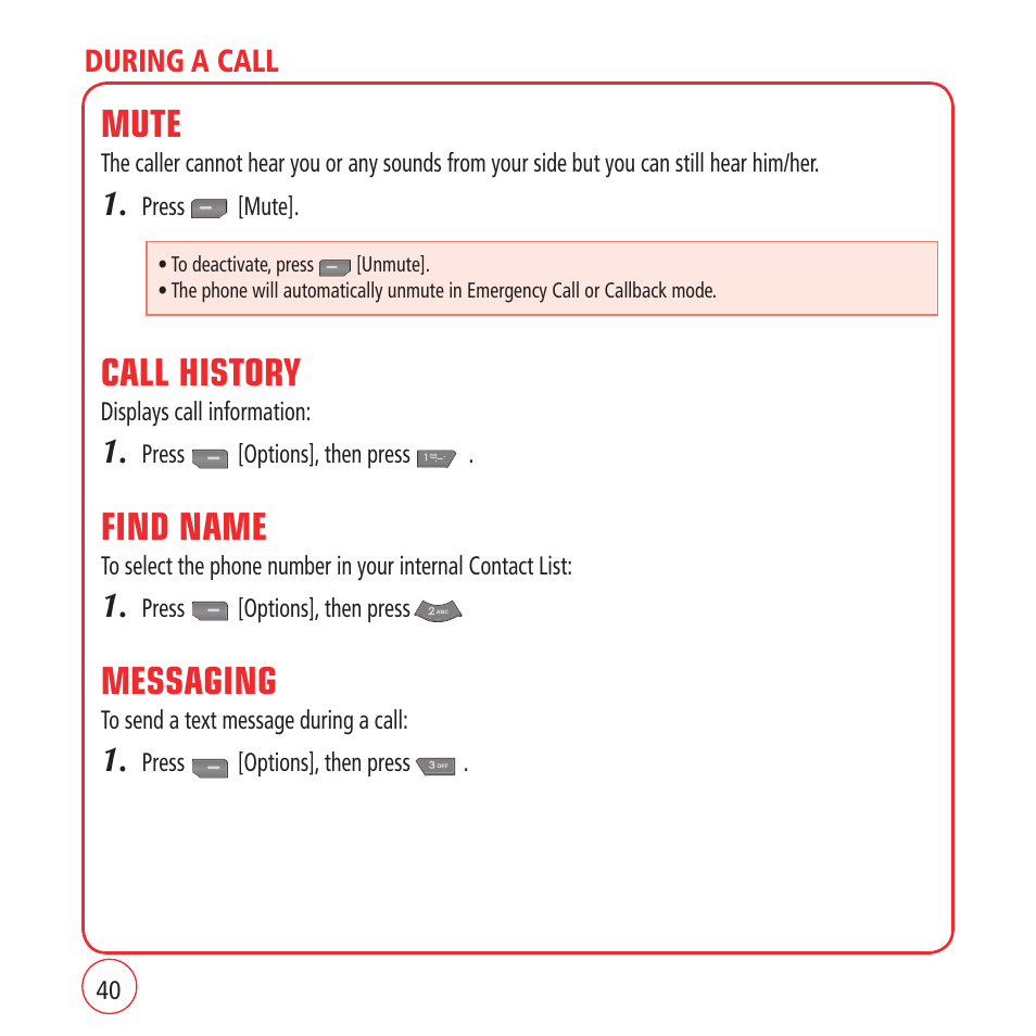 Mute, Call history, Find name | Messaging | Kyocera VM1450 User Manual | Page 40 / 148
