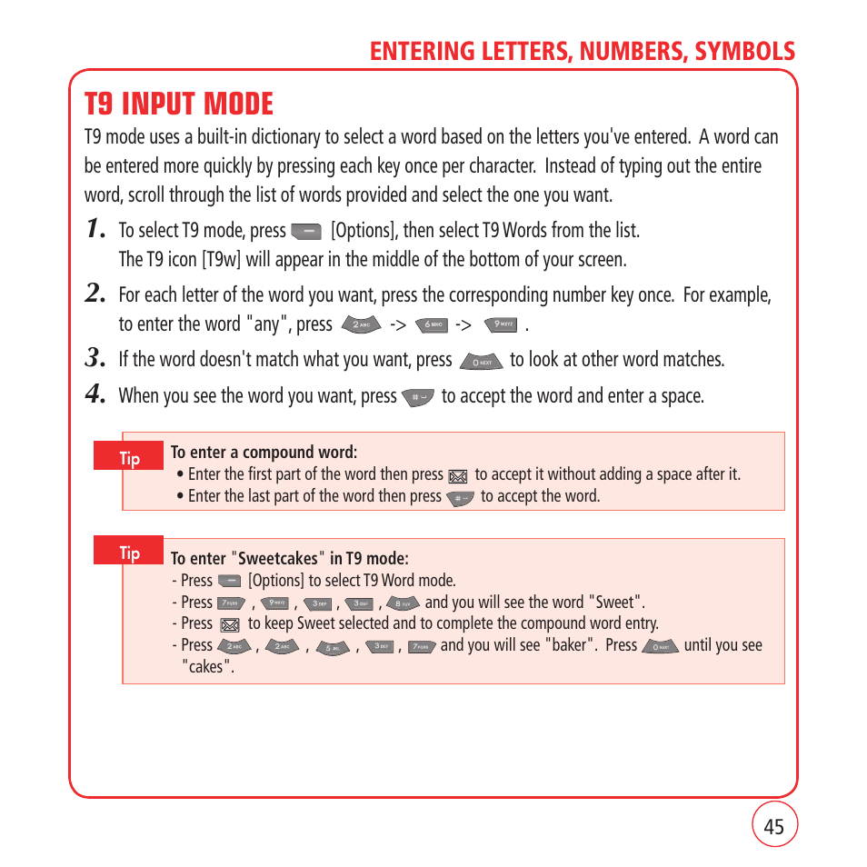 T9 input mode, Entering letters, numbers, symbols | Kyocera VM1450 User Manual | Page 45 / 148
