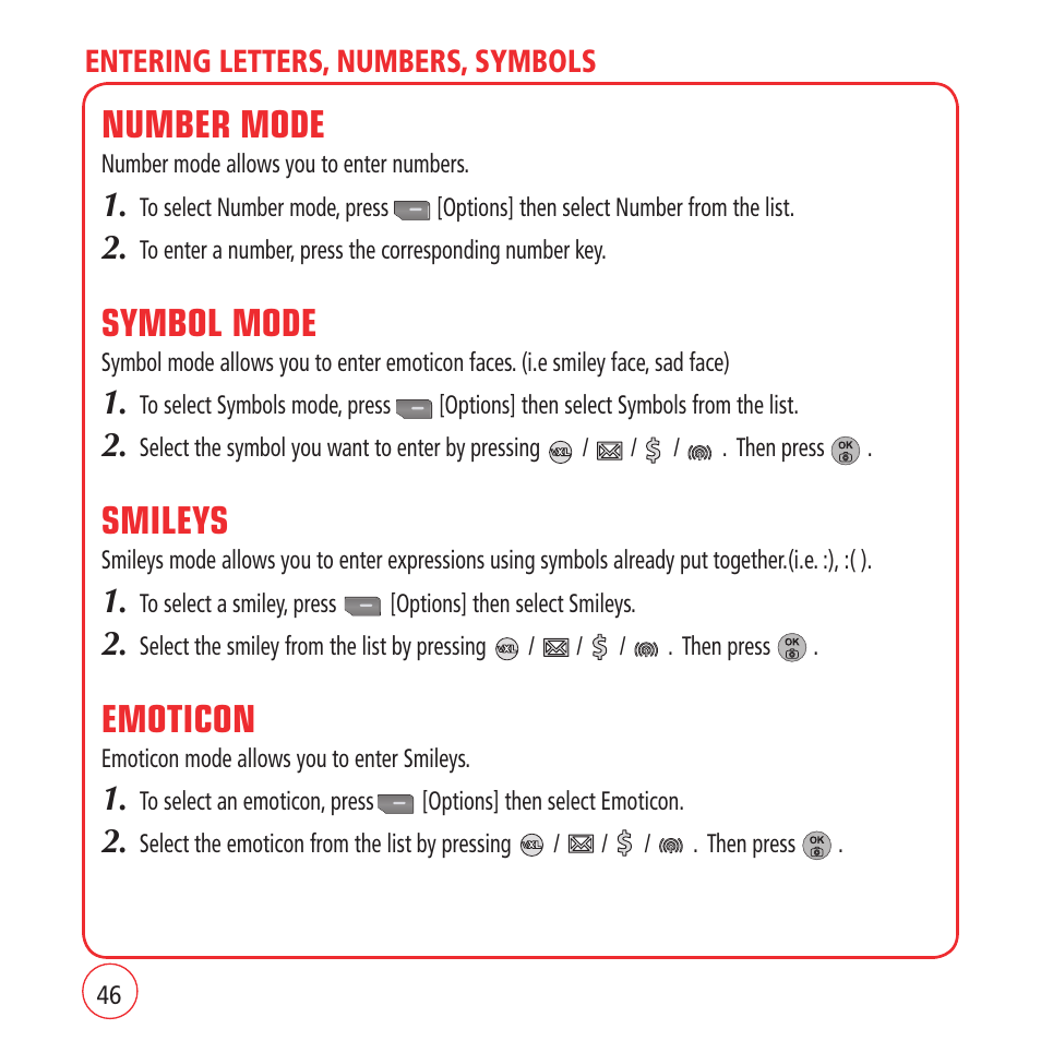 Number mode, Symbol mode, Smileys | Emoticon | Kyocera VM1450 User Manual | Page 46 / 148