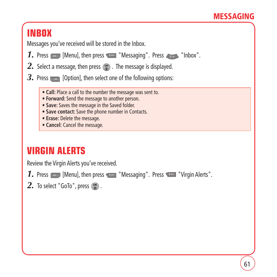 Inbox, Virgin alerts, Messaging | Kyocera VM1450 User Manual | Page 61 / 148