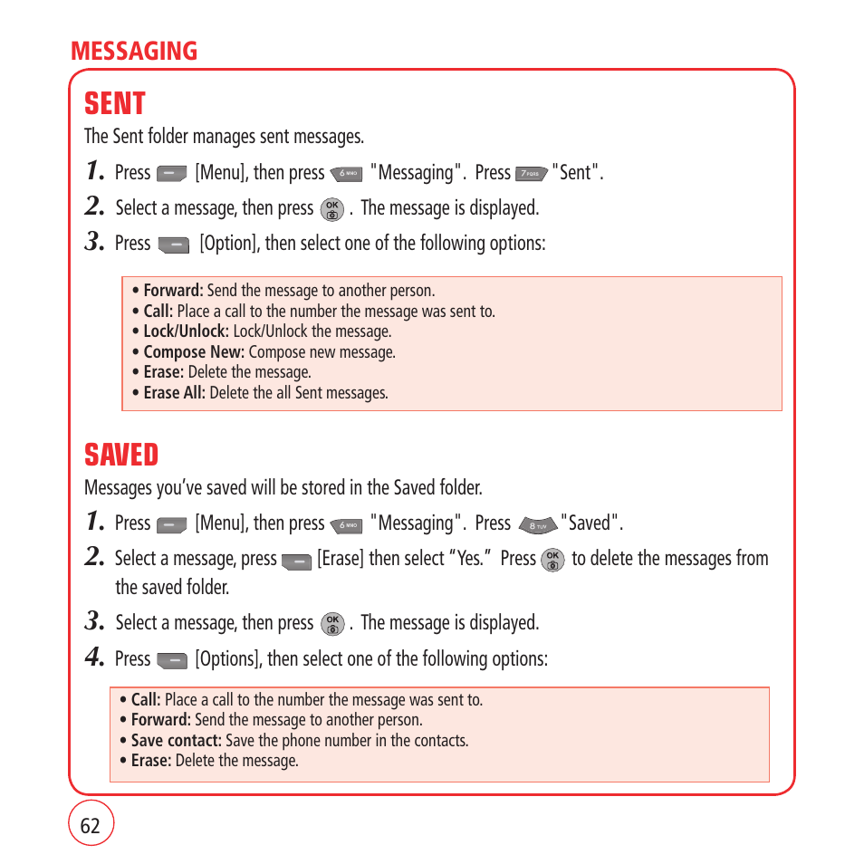 Sent, Saved, Messaging | Kyocera VM1450 User Manual | Page 62 / 148