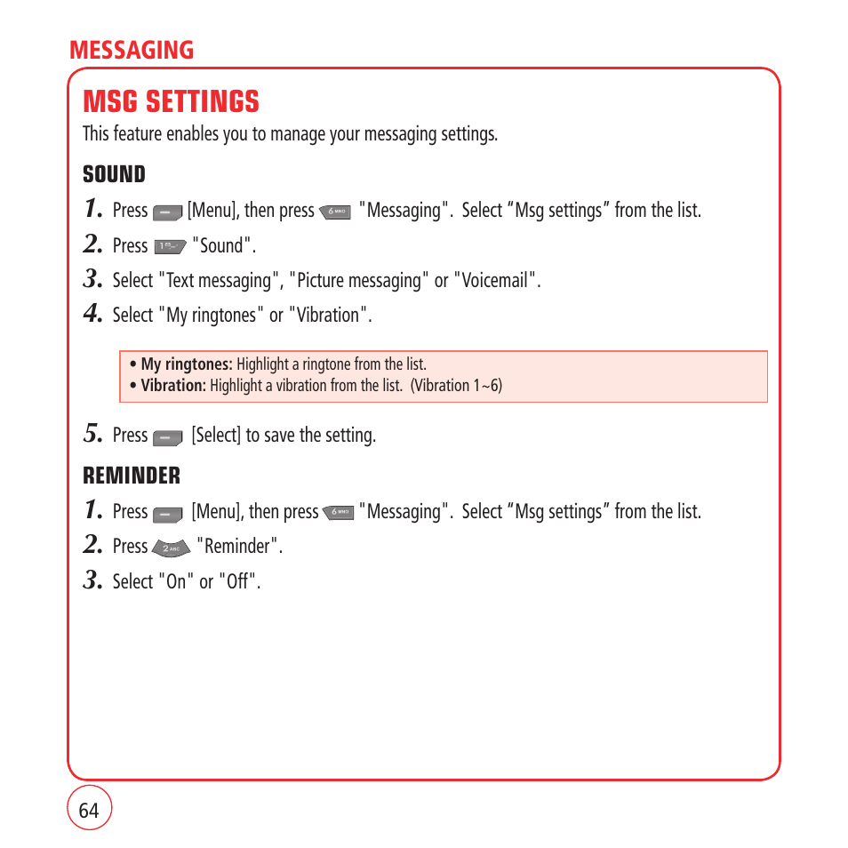 Msg settings | Kyocera VM1450 User Manual | Page 64 / 148