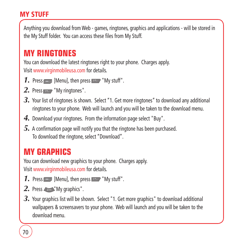 My ringtones, My graphics | Kyocera VM1450 User Manual | Page 70 / 148