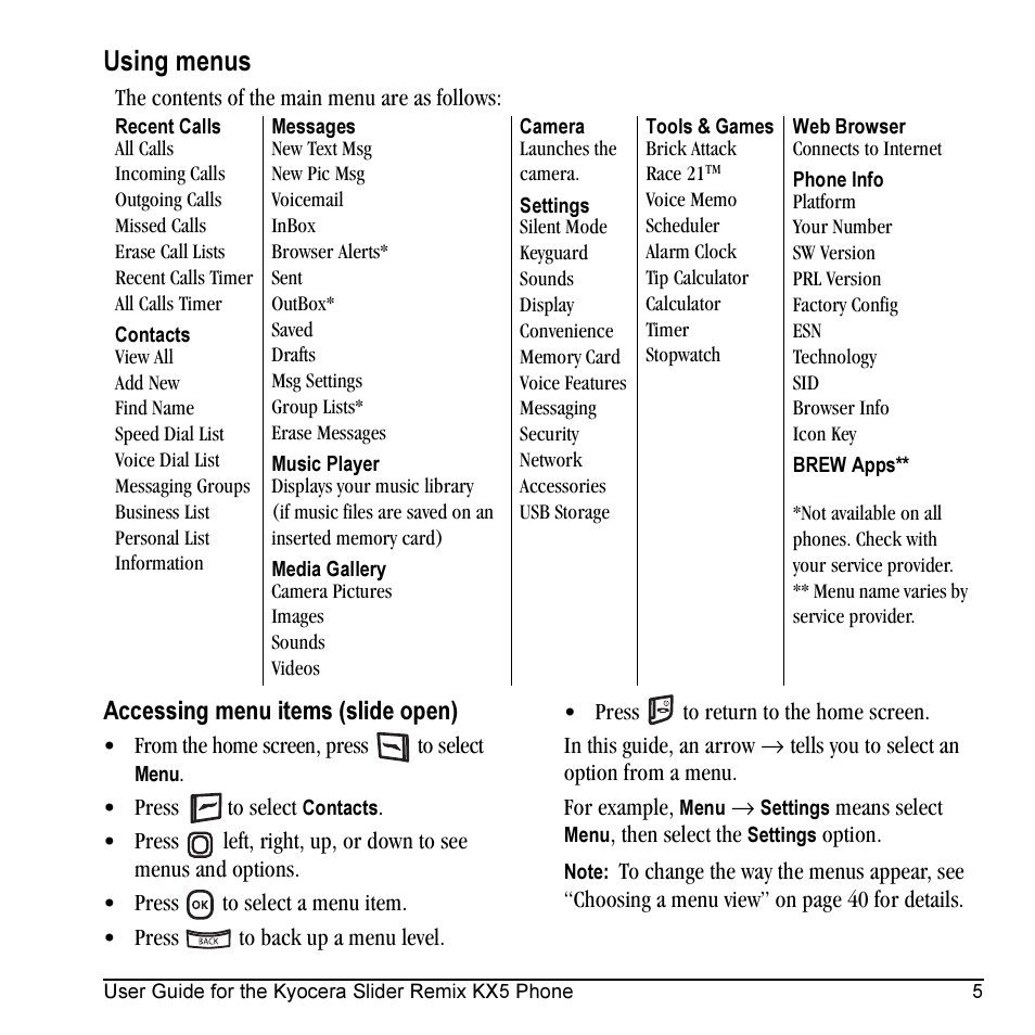 Using menus | Kyocera KX5 User Manual | Page 13 / 80