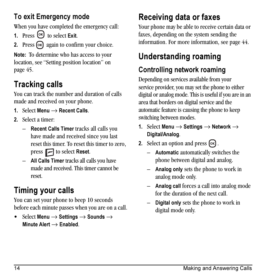 Tracking calls, Timing your calls, Receiving data or faxes | Understanding roaming, Controlling network roaming | Kyocera KX5 User Manual | Page 22 / 80