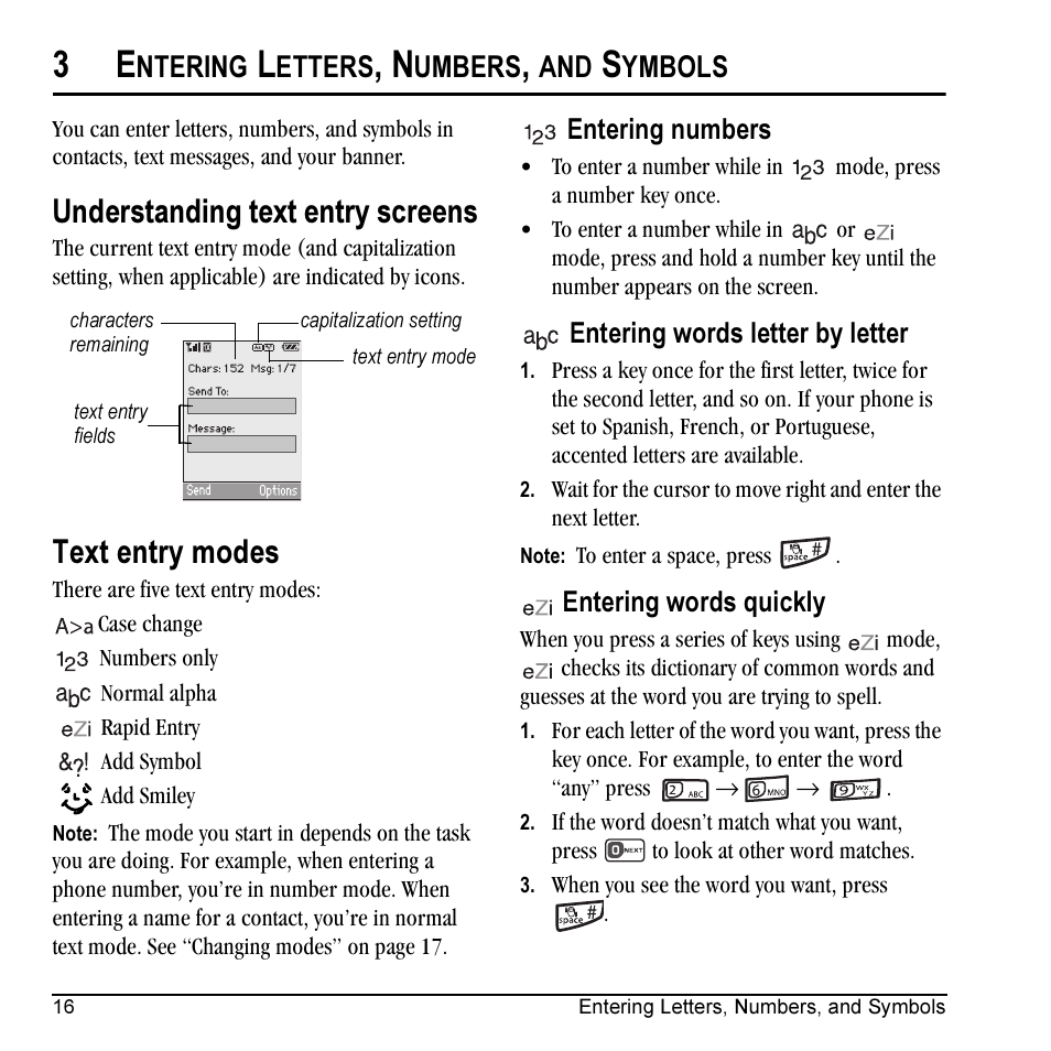 Understanding text entry screens, Text entry modes, Ntering | Etters, Umbers, Ymbols | Kyocera KX5 User Manual | Page 24 / 80
