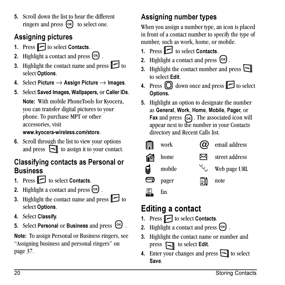 Editing a contact, Assigning pictures, Classifying contacts as personal or business | Assigning number types | Kyocera KX5 User Manual | Page 28 / 80