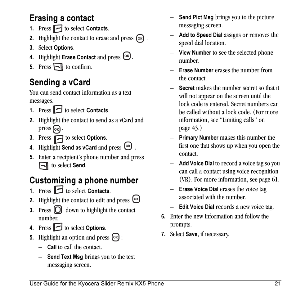 Erasing a contact, Sending a vcard, Customizing a phone number | Kyocera KX5 User Manual | Page 29 / 80