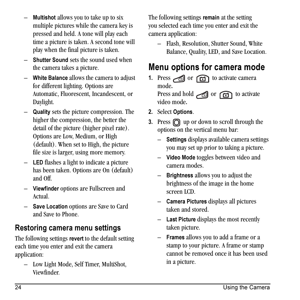 Menu options for camera mode, Restoring camera menu settings | Kyocera KX5 User Manual | Page 32 / 80