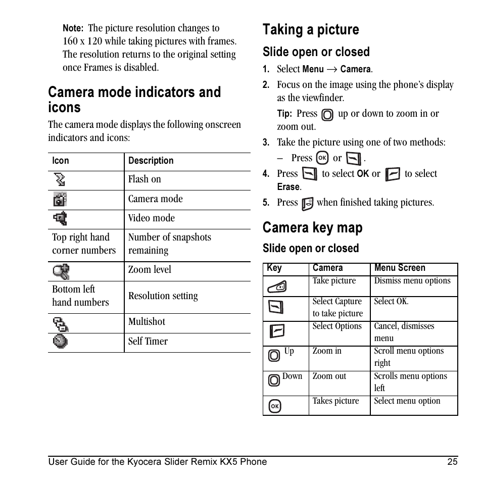 Camera mode indicators and icons, Taking a picture, Camera key map | Slide open or closed | Kyocera KX5 User Manual | Page 33 / 80