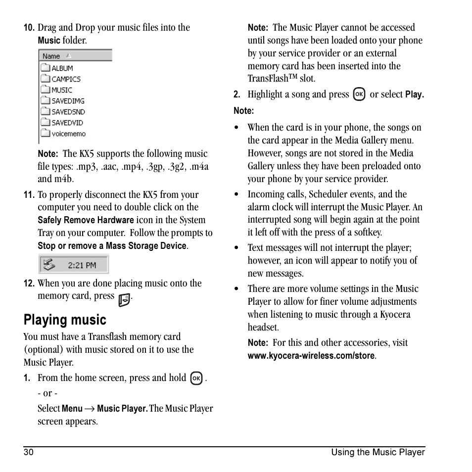 Playing music | Kyocera KX5 User Manual | Page 38 / 80