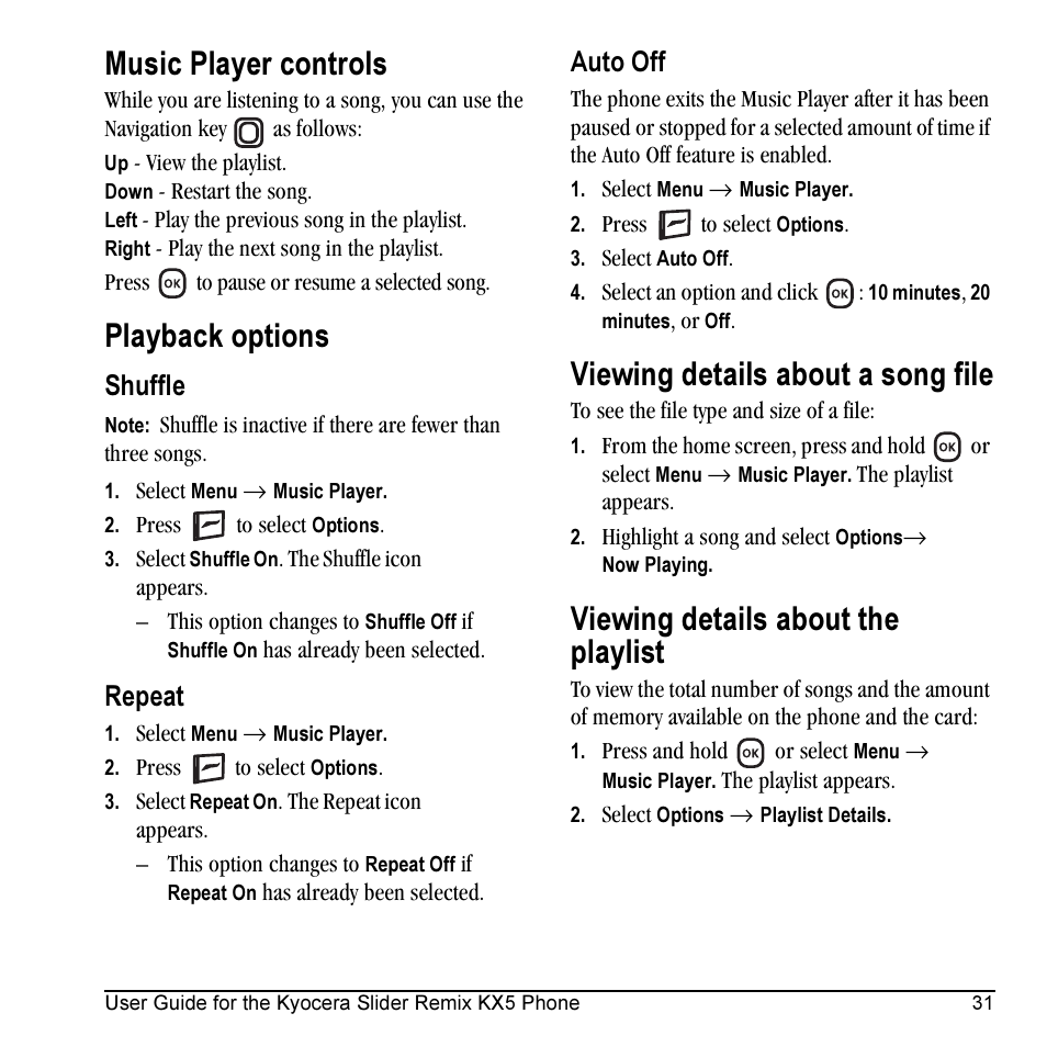 Music player controls, Playback options, Viewing details about a song file | Viewing details about the playlist, Shuffle, Repeat, Auto off | Kyocera KX5 User Manual | Page 39 / 80