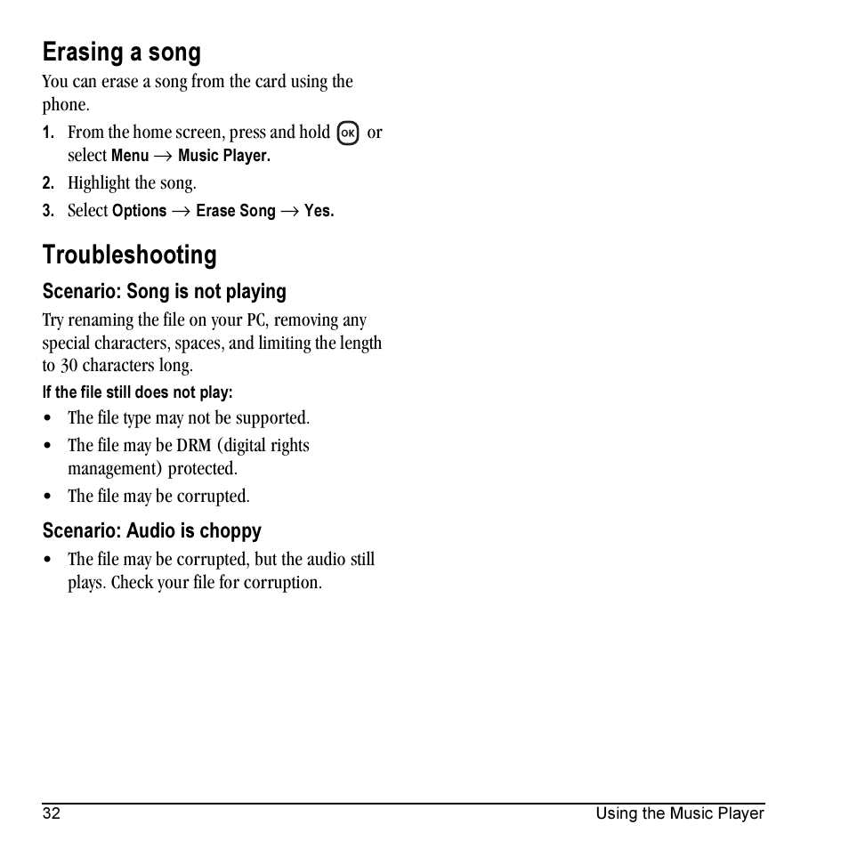Erasing a song, Troubleshooting | Kyocera KX5 User Manual | Page 40 / 80