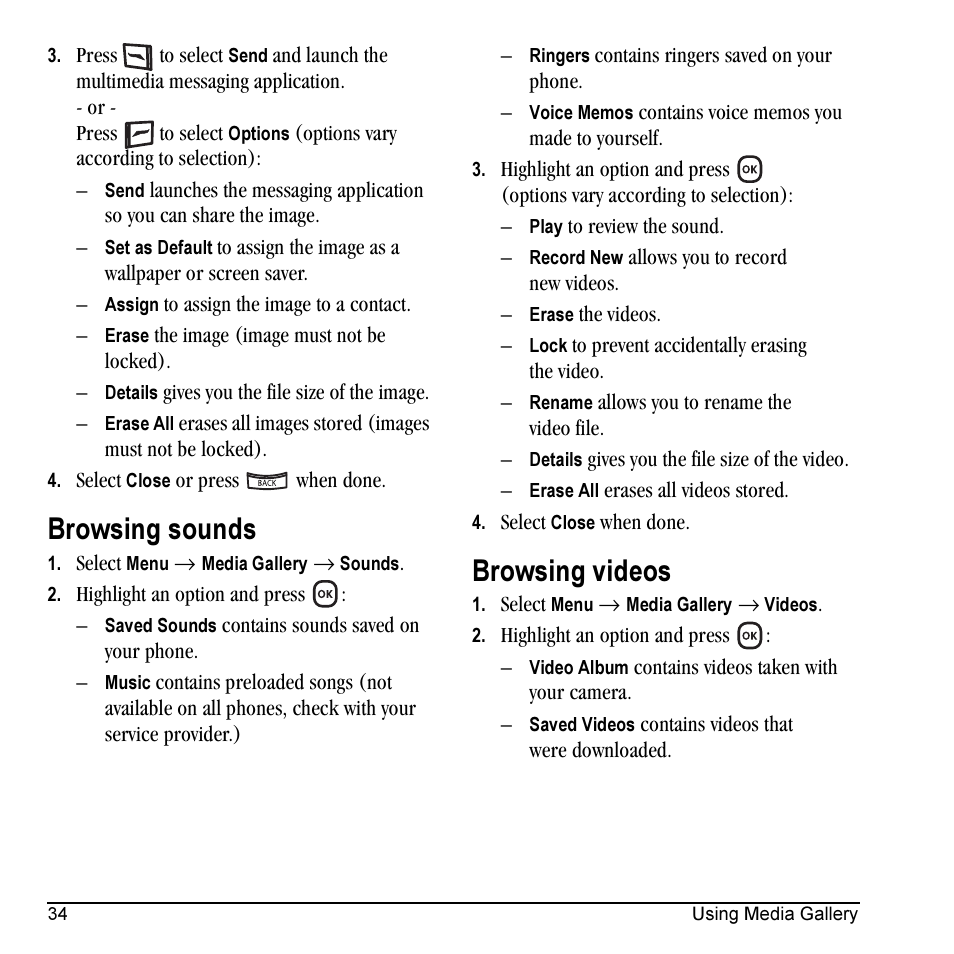 Browsing sounds, Browsing videos | Kyocera KX5 User Manual | Page 42 / 80